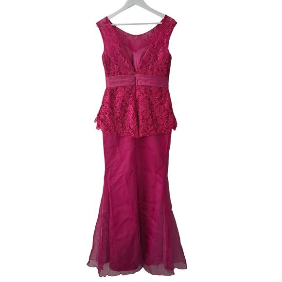 Pink Satin & Chiffon Bodycon Fishtail Bridal Guest Maxi Dress with Sequence - Picture 2 of 15